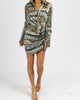 Paisley Satin Collared Mini Dress In Olive - thumbnail