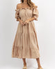 Off Shoulder Ruffle And Tie Waist Dress In Nude - thumbnail