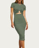 Short Sleeve Solid Rib Midi Dress In Moss Green - thumbnail