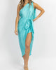 Satin One Shoulder Wrap Dress In Turquoise - thumbnail