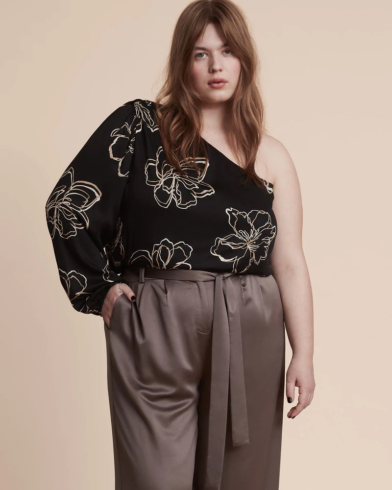 Plus Size Woman in Black Floral Jasmin One Shoulder Long Sleeve Blouse