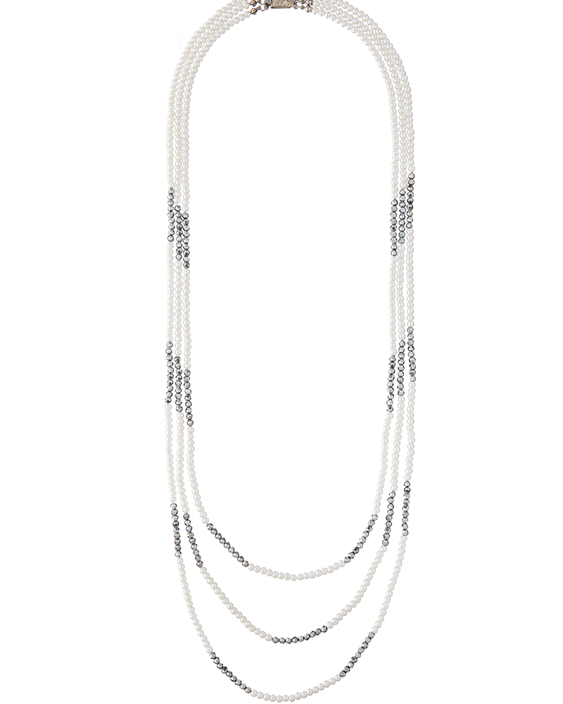 Davonna Layered Pearl Crystal Necklace | Silver / White