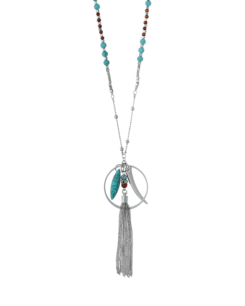 Everly Beaded Tassel Charm Necklace | Silver / Teal