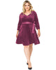 Womens Stretch Velvet V-Neck Satin Belt Aline Dress - thumbnail