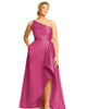 One-Shoulder Satin Gown with Draped Front Slit and Pockets - thumbnail