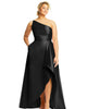 One-Shoulder Satin Gown with Draped Front Slit and Pockets - thumbnail
