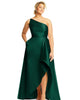 One-Shoulder Satin Gown with Draped Front Slit and Pockets - thumbnail