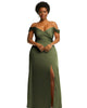 Off-the-Shoulder Flounce Sleeve Empire Waist Gown with Front Slit - thumbnail