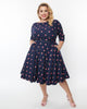 Unique Vintage Plus Size 1950s Navy & Strawberry Print Devon Swing Dress - thumbnail