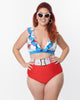 Unique Vintage Plus Size White & Blue Nautical Print Ruffle Swim Top - thumbnail