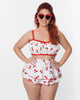 Unique Vintage Plus Size White & Cherry Pin Dot Shirred Bandeau Swim Top - thumbnail