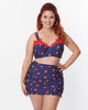 Unique Vintage Plus Size Navy Strawberry Pin Dot Bowed Over Swim Top - thumbnail