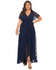 Short Sleeve Ruffled V-Neck A-Line Lace Evening Dress - thumbnail