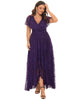 Short Sleeve Ruffled V-Neck A-Line Lace Evening Dress - thumbnail