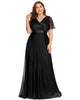Short Sleeve V-Neck Ribbon Waist A-Line Evening Dress - thumbnail