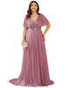 Short Sleeve V-Neck Ribbon Waist A-Line Evening Dress - thumbnail