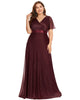 Short Sleeve V-Neck Ribbon Waist A-Line Evening Dress - thumbnail