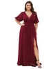 Chiffon Illusion V-Neck Flutter Sleeve Front Slit Evening Dress - thumbnail