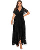 Short Sleeve Ruffled V-Neck A-Line Lace Evening Dress - thumbnail