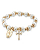 Round Simulated Pearl and Beaded Religious Stretch Bracelet in Goldtone 7" - thumbnail