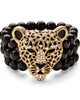 Genuine Black Onyx and Crystal Leopard Stretch Bracelet in Yellow Goldtone - thumbnail