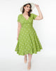 Unique Vintage Green & White Dot Short Sleeve Delores Swing Dress - thumbnail