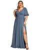 Chiffon Illusion V-Neck Flutter Sleeve Front Slit Evening Dress - thumbnail