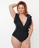 Unique Vintage Black Plunge One Piece Swimsuit - thumbnail