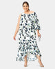 Single sleeve asymmetric leaf print crepe high-low dress - thumbnail