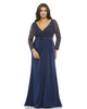 Lace Illusion Long Sleeve V-Neck Draped Gown - thumbnail