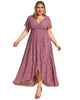 Short Sleeve Ruffled V-Neck A-Line Lace Evening Dress - thumbnail