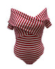 Unique Vintage Red & White Striped Off Shoulder Daydreamer Bodysuit - thumbnail