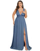Sleeveless V-Neck Empire Waist High Slit Floor-Length Evening Dress - thumbnail