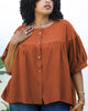 Round Neck Ruffle 3/4 Sleeve Button Up Blouse - thumbnail