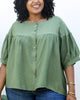 Round Neck Ruffle 3/4 Sleeve Button Up Blouse - thumbnail