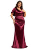 Pleated Bodycon Ruffles Sleeve High Stretch Satin Evening Dress - thumbnail