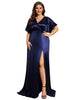 High Front Slit Bat-Wing Sleeve Satin Evening Dress - thumbnail