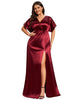High Front Slit Bat-Wing Sleeve Satin Evening Dress - thumbnail
