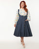 Unique Vintage Blue Denim Button Suspender Swing Skirt - thumbnail