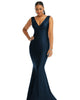 Shirred Shoulder Stretch Satin Mermaid Dress with Slight Train - thumbnail