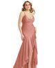 Pleated Wrap Ruffled High Low Stretch Satin Gown with Slight Train - thumbnail