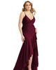 Pleated Wrap Ruffled High Low Stretch Satin Gown with Slight Train - thumbnail