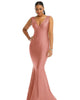 Shirred Shoulder Stretch Satin Mermaid Dress with Slight Train - thumbnail