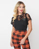 Unique Vintage Black Flocked Spiderweb & Brooch Flutter Sleeve Top - thumbnail