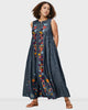 Leafy Embroidery Cotton Chambray Release Pleat Shift Dress - thumbnail