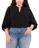 SPLIT NECK LONG SLEEVE BLOUSE WITH SMOCKED CUFF - thumbnail
