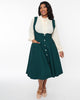 Unique Vintage Emerald & Black Gingham Button Suspender Swing Skirt - thumbnail