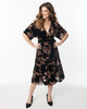 Unique Vintage Black Floral Velvet Wrap Midi Dress - thumbnail