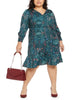 NY Collection Women's Plus Printed Smocked-Sleeve MIDI Dress Green Size 3X - thumbnail