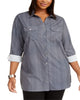 NY Collection Women's Plus Striped Utility Shirt Blue Size 1X - thumbnail